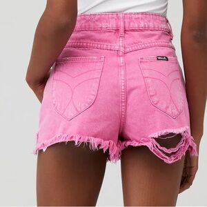 Rollas High Rise Slim Hot Pink Denim Shorts - distressed with frayed edges